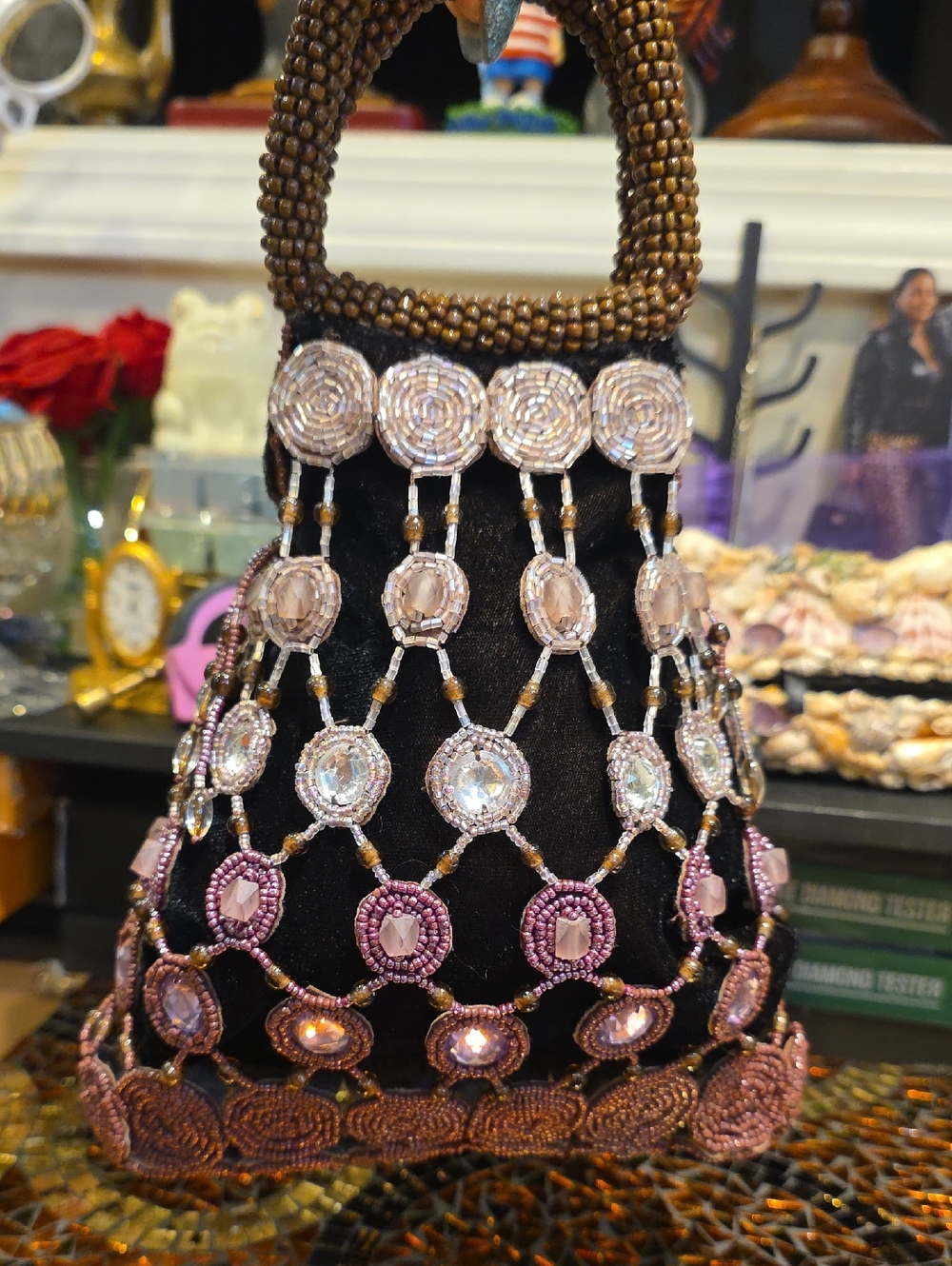Maliparmi Black Beaded Evening Clutch with Pink Crystal Accents